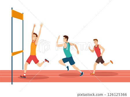 Marathon race. Group of people running to finish line. Active lifestyle and sports. Athletes in tournament and championship. Running competitions concept Marathon race. Group of people running to finish line. Active lifestyle and sports. Athletes in tournament and championship. Running competitions concept 126125366