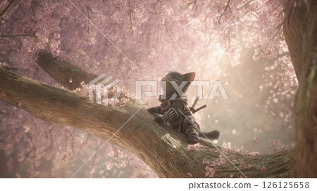 忍者貓在櫻花樹上休息 126125658