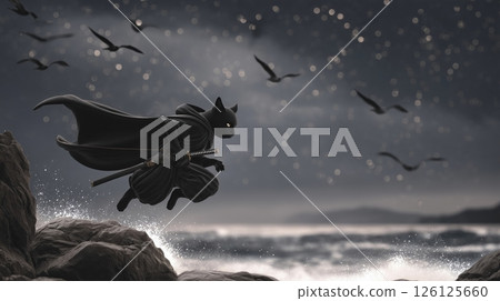 黑忍者貓在洶湧的海浪前跳躍 126125660