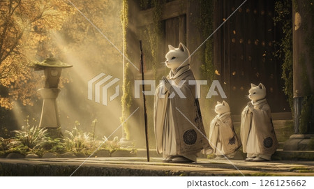 White cats of monks praying to the morning sun 126125662