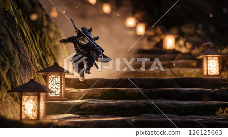 Ninja cat jumping up the stone steps of the lantern 126125663
