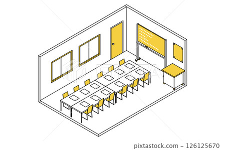 簡單可愛的等距線繪圖例，描繪了一間學校會議室，配有白板和會議桌 126125670