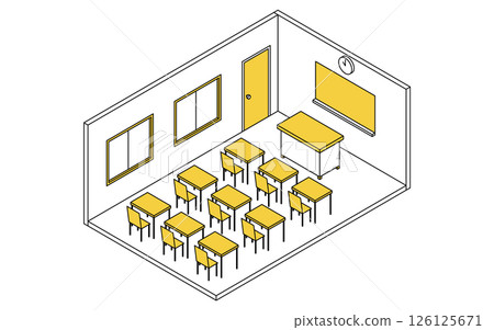 簡單可愛的等距線描插圖，描繪了一間學校教室，裡面有黑板、老師的辦公桌以及桌椅 126125671