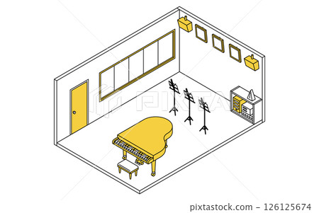 學校音樂室配有大鋼琴和樂譜架的簡單可愛的等距線繪圖例 學校音樂室配有大鋼琴和樂譜架的簡單可愛的等距線繪圖例 126125674