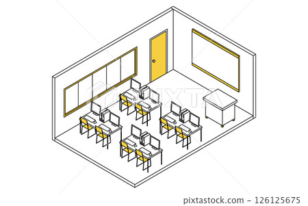 A simple and cute isometric line drawing illustration of a school computer lab with computers lined up 126125675