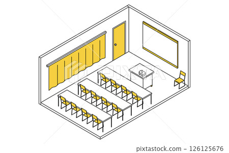 Simple and cute isometric line drawing illustration of a school audiovisual room with a large screen and projector 126125676