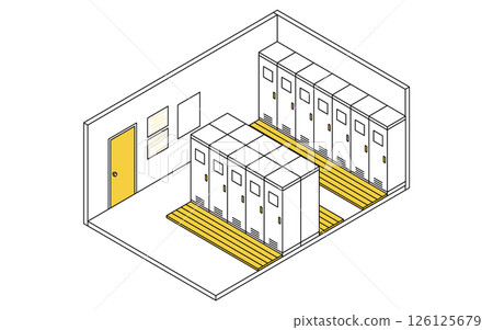 A simple and cute isometric line drawing illustration of a school changing room with lockers 126125679