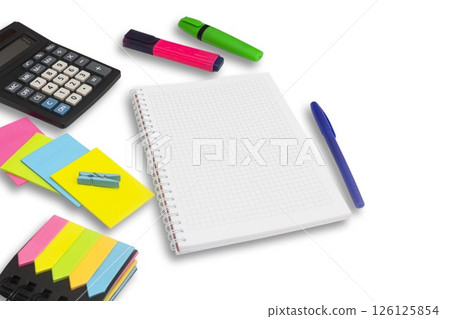 Flat lay with colorful school stationery, checkered book on white background, top view Flat lay with colorful school stationery, checkered book on white background, top view 126125854