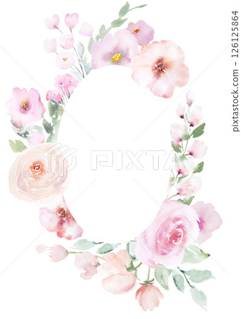 Oval rame with Watercolor light pink flowers and leaves, pastel wedding isolated illustration 126125864