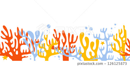 Exotic coral reef seamless border with underwater nature life concept. Vector flat hand drawn graphic design Exotic coral reef seamless border with underwater nature life concept. Vector flat hand drawn graphic design 126125873