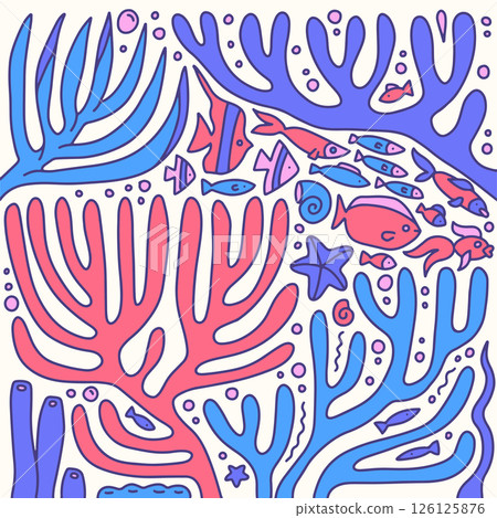Hand drawn doodle underwater natural ornate composition. Sketch of reef corals and swimming fishes. Colorful contour vector illustration. Hand drawn doodle underwater natural ornate composition. Sketch of reef corals and swimming fishes. Colorful contour vector illustration. 126125876
