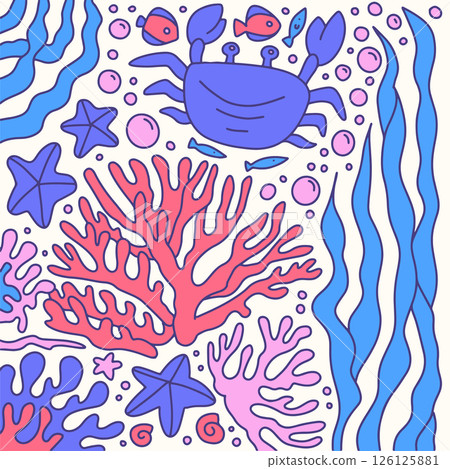 Flat doodle Design Coral and Seaweed wit crab, fish squire Composition on White Background. Minimalist Marine contour Vector Illustration 126125881