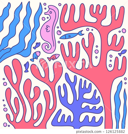 Naive coral abstract shape matisse geometric square composition. Childish organic art coral underwater world in doodle minimal style. Vector hand simple hand drawn illustration Naive coral abstract shape matisse geometric square composition. Childish organic art coral underwater world in doodle minimal style. Vector hand simple hand drawn illustration 126125882