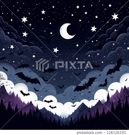 A fantasy landscape of stars and bats dancing in the Halloween night sky 126126191