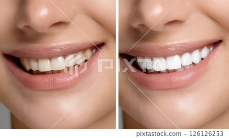 Before/After Dental Whitening, Close-Up of Yellowish vs Bright White Smile Split 126126253