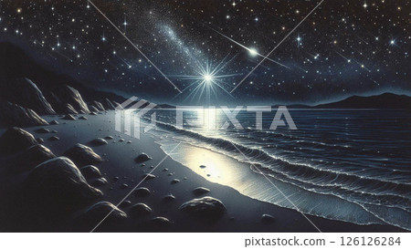 A starry sky and a shining shooting star, a quiet night coastal landscape 126126284