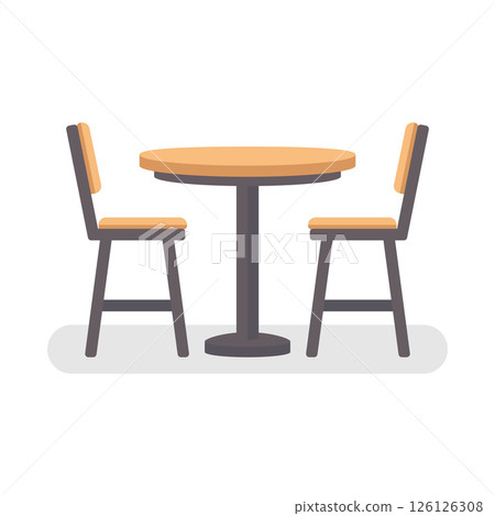 Wooden table with two chairs flat design isolated on white background. Dining table and chair. 126126308