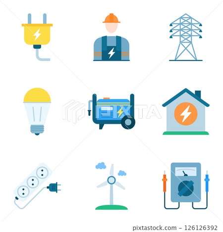 Energy and electricity icon collection including plug, bulb, and generator. 126126392