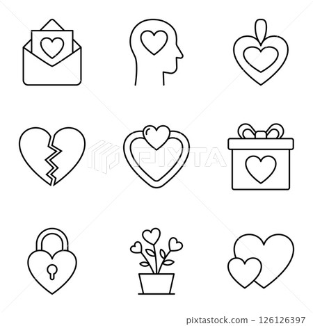 Set of love and heart icons in outline style for romance and charity, care, relationship, and emotional support. 126126397