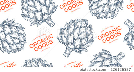 Artichoke, vegetable. Seamless pattern background. Tag, label, sign, artichoke drawing, sketch ink pencil draw, seamless pattern background. Seamless pattern paper background. Vector Illustration Artichoke, vegetable. Seamless pattern background. Tag, label, sign, artichoke drawing, sketch ink pencil draw, seamless pattern background. Seamless pattern paper background. Vector Illustration 126126527