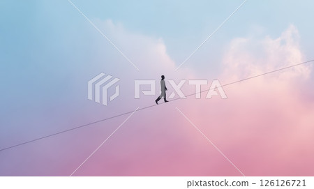 Person Balancing On Tightrope Against Ethereal Pink And Blue Sky 126126721