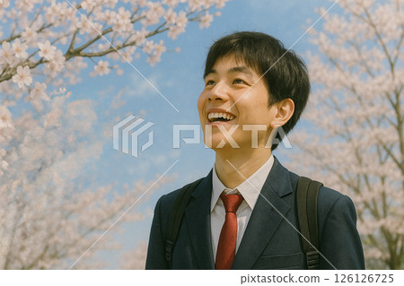 A high school boy smiles as he looks up at the cherry blossoms in full bloom 126126725