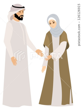 Vector people. Muslim family. Muslim modest woman and man in traditional dress. Vector 126126915