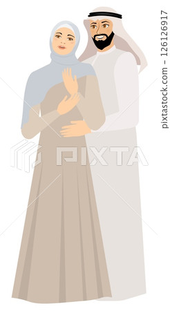 Vector people. Muslim family. Modest muslim couple in traditional dress. Vector Vector people. Muslim family. Modest muslim couple in traditional dress. Vector 126126917
