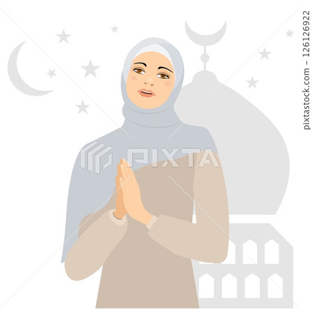 Vector people. Muslim woman in hijab. A girl prays against the backdrop of a mosque. Vector Vector people. Muslim woman in hijab. A girl prays against the backdrop of a mosque. Vector 126126922