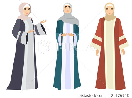 Muslim woman in hijab. Beautiful girls in beautiful dresses. Modern Muslim women in traditional hijabs. Vector people. Color vector illustration Muslim woman in hijab. Beautiful girls in beautiful dresses. Modern Muslim women in traditional hijabs. Vector people. Color vector illustration 126126948