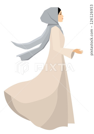 Muslim woman in hijab. A beautiful girl stands sideways in a beautiful dress. Modern Muslim women in traditional hijabs. Vector people. Color vector illustration Muslim woman in hijab. A beautiful girl stands sideways in a beautiful dress. Modern Muslim women in traditional hijabs. Vector people. Color vector illustration 126126953