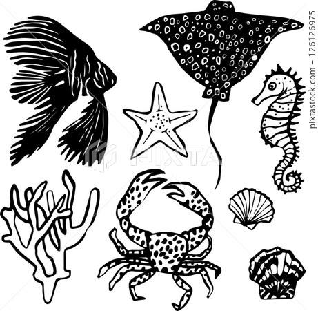 Vector hand drawn composition with sea creatures. Set of silhouettes and outline illustrations 126126975