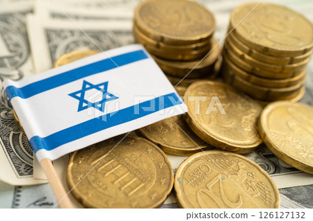 Israel flag on coin and banknote money, finance trading investment business currency. 126127132