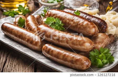 Delicious Bratwurst, traditional German sausages are widely popular and renowned for their savory flavor, juicy texture and perfect grilling, making them a beloved dish worldwide. AI Generated 126127218
