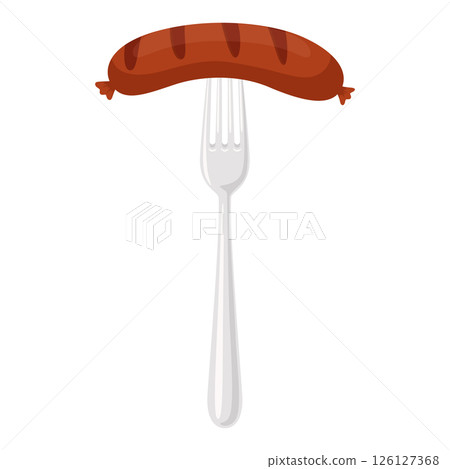 Flat Vector Cartoon Sausage on Fork. Sausage Illustration for BBQ, Food Design. Sausage Clipart for Menu and Culinary Concept. Front View 126127368