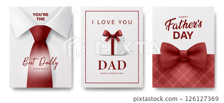 Vector Fathers Day Card Set with Shirt and Tie, Gift Box with Bow, Plaid Background. Happy Daddy Typography, Red Greeting Design for Dad. Modern Vector Holiday Illustration 126127369