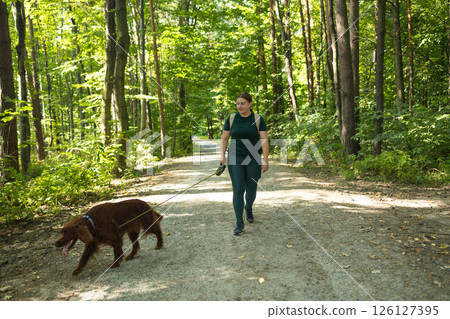 Woman Walking with Irish Setter Dog on Forest Trail Surrounded by Lush Green Trees Woman Walking with Irish Setter Dog on Forest Trail Surrounded by Lush Green Trees 126127395