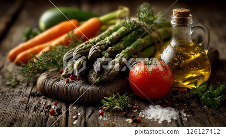 Fresh veggies and olive oil make a colorful organic spread on wood 126127412