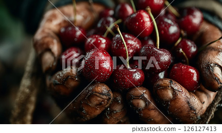 Freshly harvested organic cherries in farmers hands from the orchard 126127413