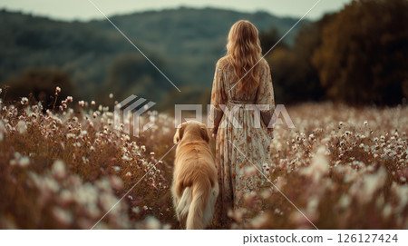 Back view of a young woman and her golden retriever in a flower field 126127424