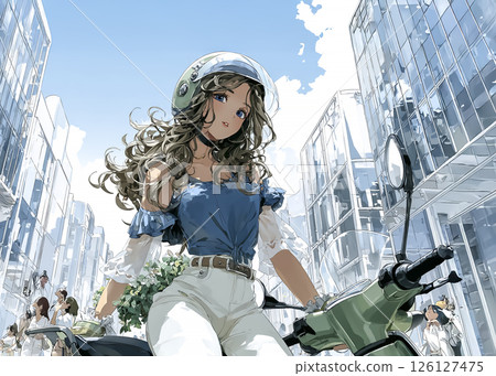 Illustration of a young woman shopping on a scooter 126127475