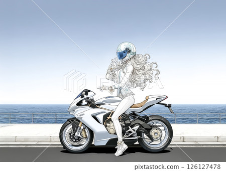 Illustration material of a female rider touring on a sports bike 126127478