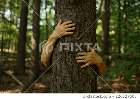 Human Hands Hugging Mossy Tree in Forest 126127503