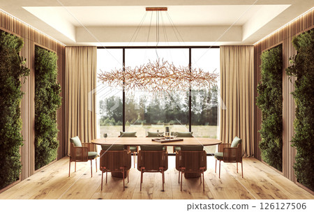 Modern dining room with nature inspired decor and large windows 126127506
