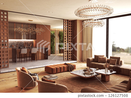 Luxury open living and kitchen space with earthy tones and natural light Luxury open living and kitchen space with earthy tones and natural light 126127508