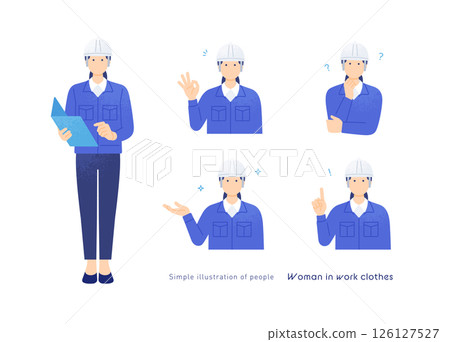 一名身穿工作服的婦女。現場主管戴著安全帽。一組 5 個姿勢。 一名身穿工作服的婦女。現場主管戴著安全帽。一組 5 個姿勢。 126127527