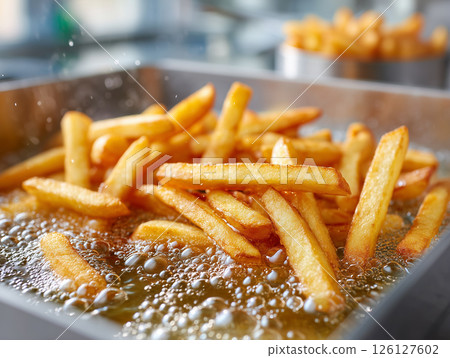 An impressive cooking scene of crispy potatoes frying in oil An impressive cooking scene of crispy potatoes frying in oil 126127602