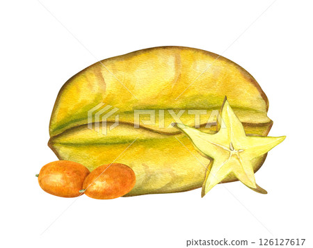 Fresh carambola with vibrant orange kumquats watercolor illustration isolated background. Star fruit and berries. Whole and slices exotic citrus fruits for tropical food packaging, juice labels 126127617