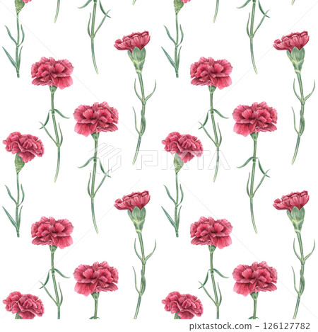 Seamless watercolor pattern with single red carnations on stems and leaves isolated background. Hand painted flowers for romantic designs, wedding stationery, textiles, and festive decoration 126127782