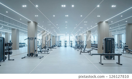The image presents a bright, spacious gym with modern workout equipment, ready for a fitness session. 126127810